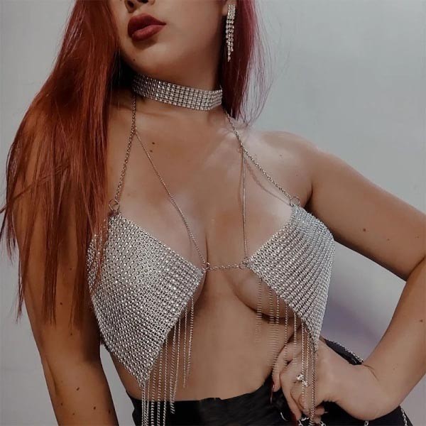 Women’s Shiny Metal Body Chain Tassel Camisole Halter Backless Crop Top Clubwear